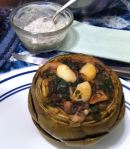 Karl’s Roasted Artichokes Stuffed with Spinach and Mushrooms