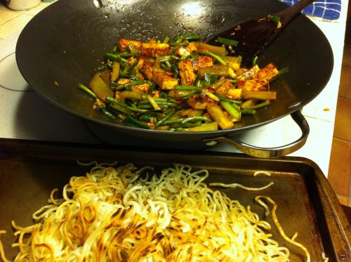 Karl’s Tofu, Garlic Stem, and Lettuce Stem Stir-fry with Pan Fried Noodles