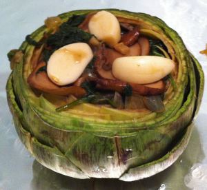 tuffed artichoke before wrapping