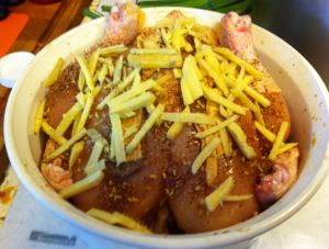 Karl’s Steamed Dong Quai Chicken (sprinkling the Sichuan pepper and ginger on the chicken)