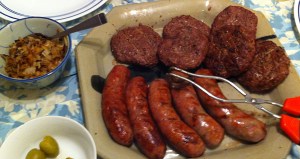 Karl's Barbecued Chili Burgers with Plain Burgers and Sausages